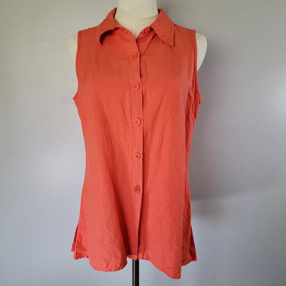 VTG Linen Blend Button Top Womens M Coral Orange Tropical Fall Halloween Boho - Picture 1 of 8